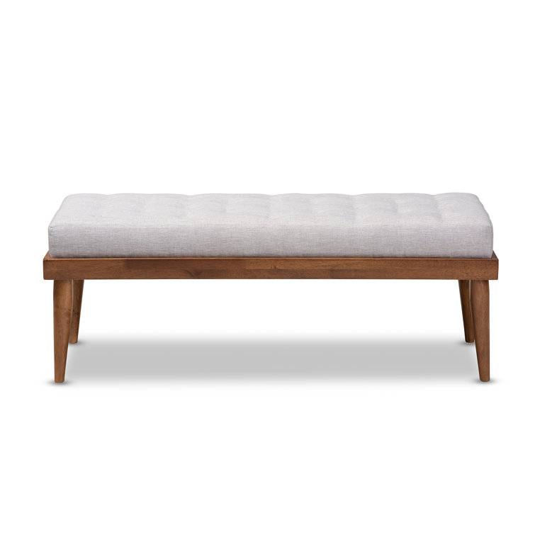 Grayish Beige Foam Upholstered Bench with Walnut Finish