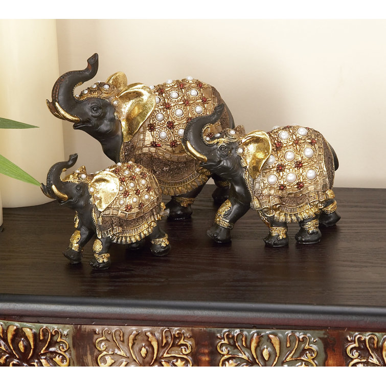 Majestic Trio Gold Polystone Elephant Statues with Satin Finish