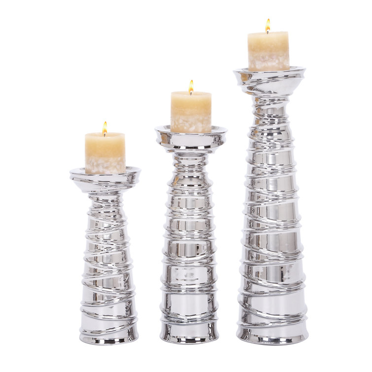 Elegant Silver Ceramic Candlestick Trio, Set of 3
