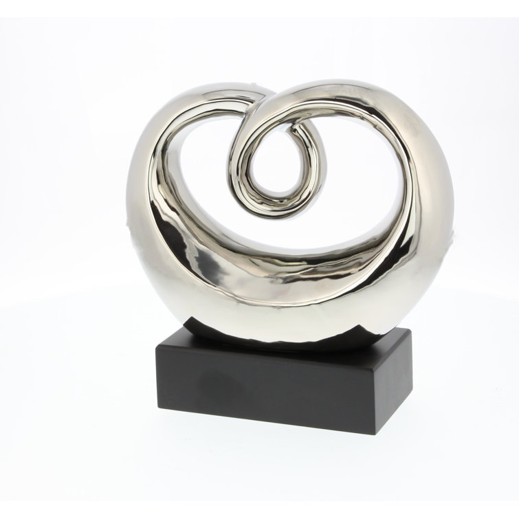 Elegant Silver Swirl 13" Ceramic Abstract Statue with Black Base