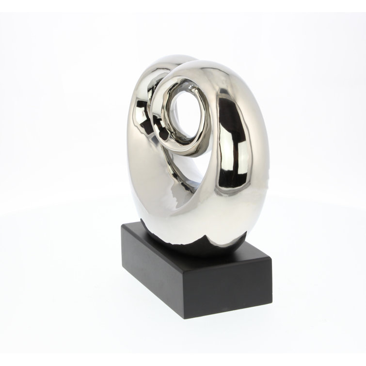 Elegant Silver Swirl 13" Ceramic Abstract Statue with Black Base