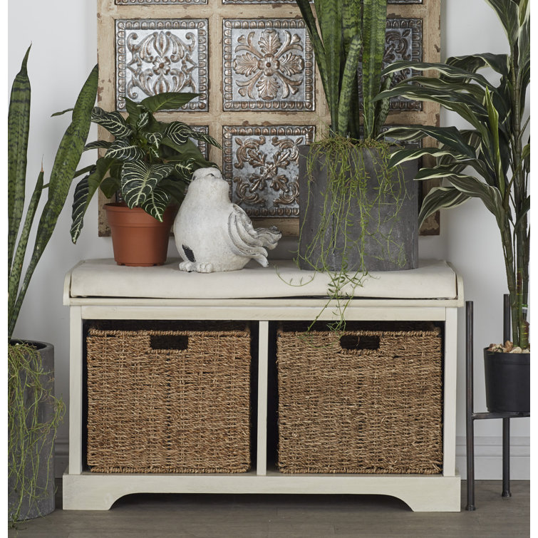 Elegant White Linen Cushioned Storage Bench with Wicker Baskets