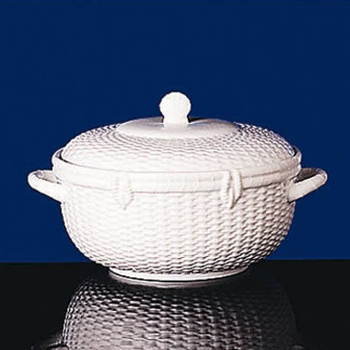 White Ceramic Basketweave Covered Vegetable Bowl, 61 oz