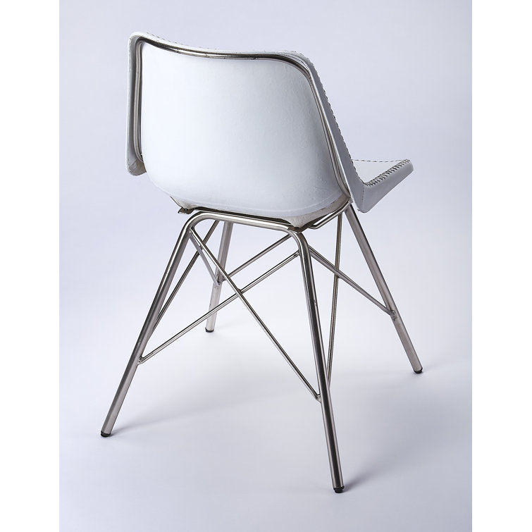 White Leather Mid-Century Modern Side Chair with Iron Legs
