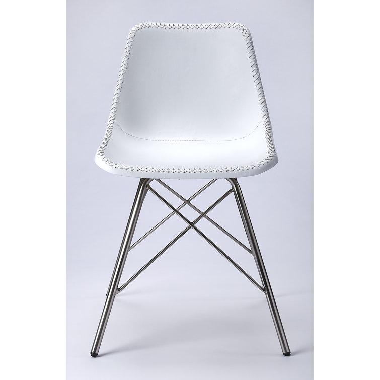 White Leather Mid-Century Modern Side Chair with Iron Legs