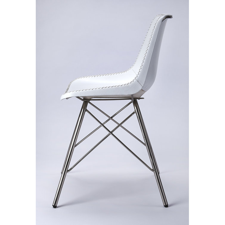 White Leather Mid-Century Modern Side Chair with Iron Legs