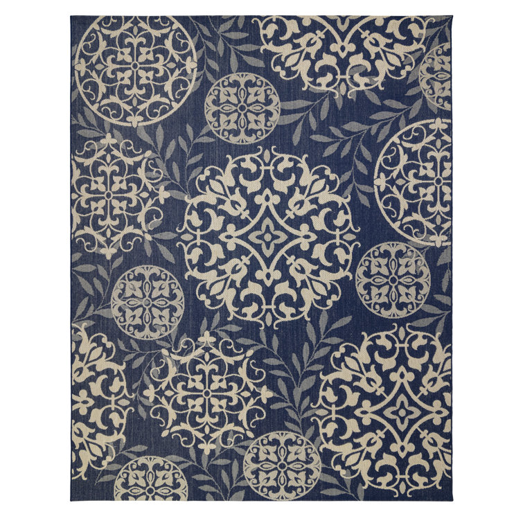 Navy Blue and Beige Medallion Synthetic 5' x 7' Outdoor Rug