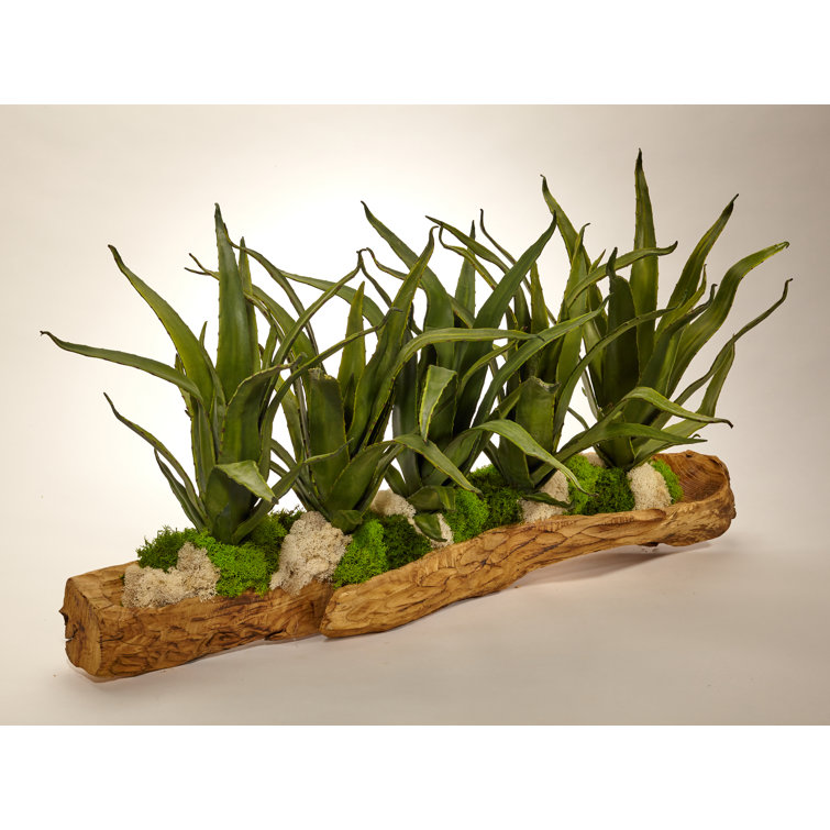 Hand-Carved Brown Wood Log Planter with Faux Succulents