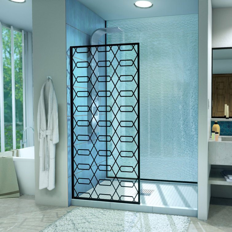 Linea Maze 34" W x 72" H Frameless Clear Glass Shower Door with Black Hexagonal Pattern
