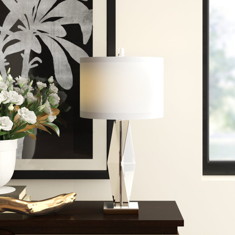 Elegant Nickel Finish Faceted Crystal 1-Light Lamp with White Silk Shade