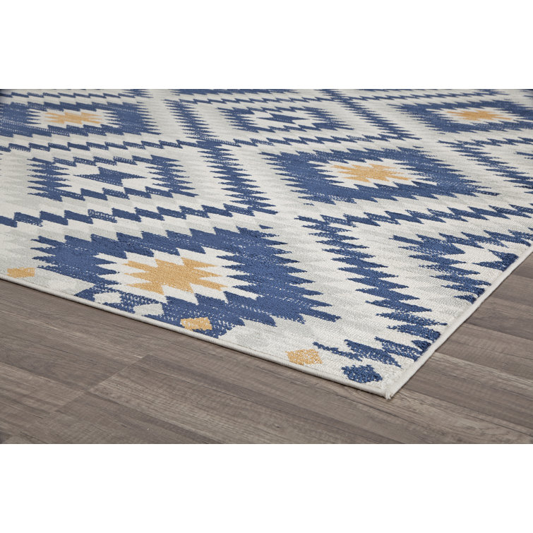 Soleil Diamond Print Stain-Resistant Area Rug, 2'x4', Blue and Yellow