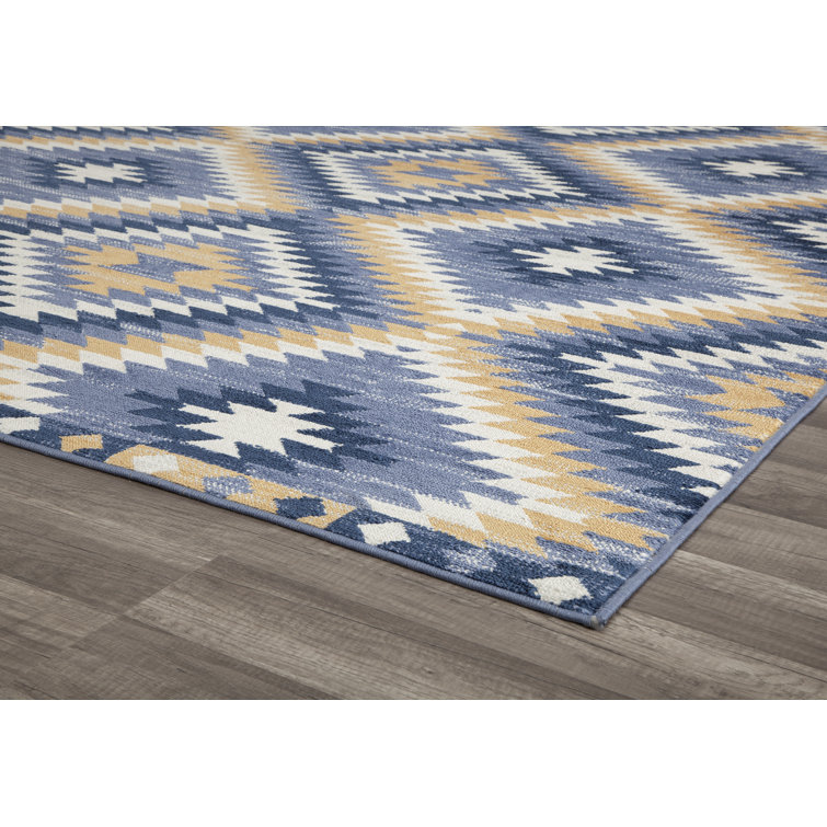 Soleil Geometric Kilim Denim Blue Round Area Rug, 8'9"x12'
