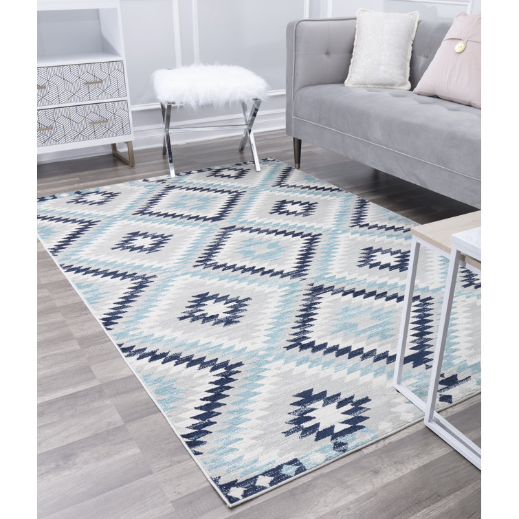 Ice Blue and White Synthetic Rectangular Area Rug, 8'9" x 12'