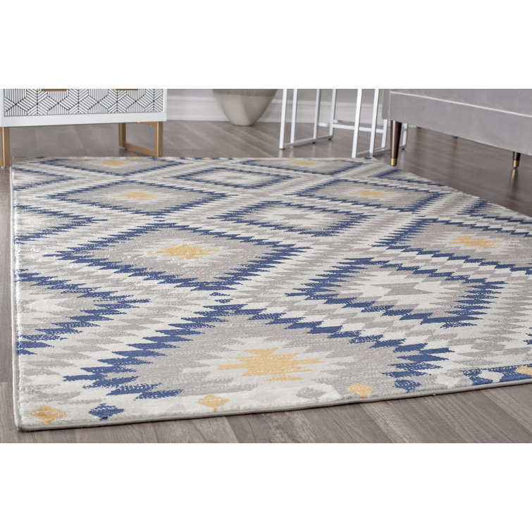 Sunset Gray and Blue Synthetic Tribal Rectangular Area Rug