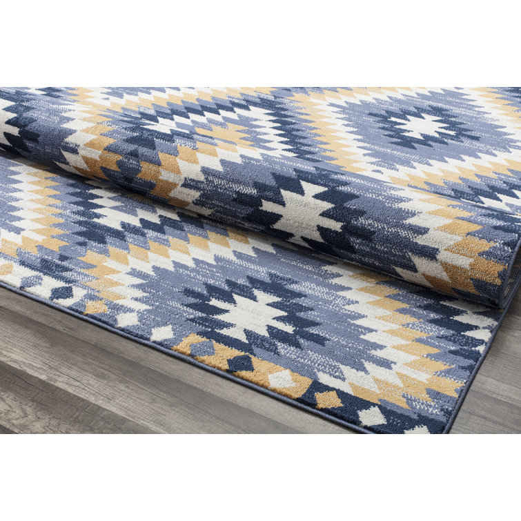 Soleil Geometric Kilim Denim Blue Round Area Rug, 8'9"x12'