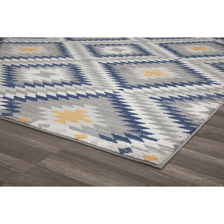 Sunset Gray and Blue Synthetic Tribal Rectangular Area Rug