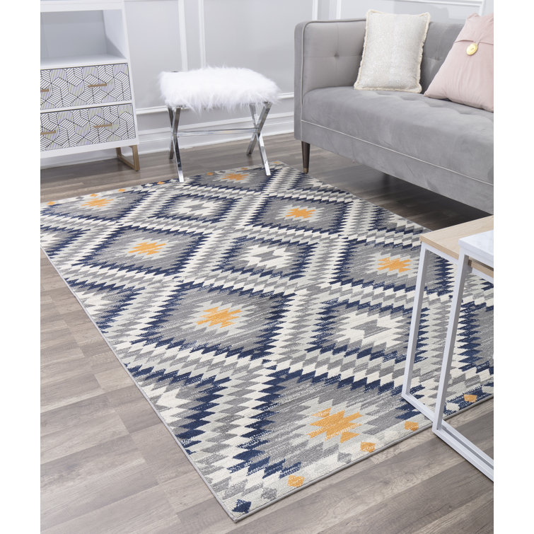 Sunset Gray and Blue Synthetic Tribal Rectangular Area Rug