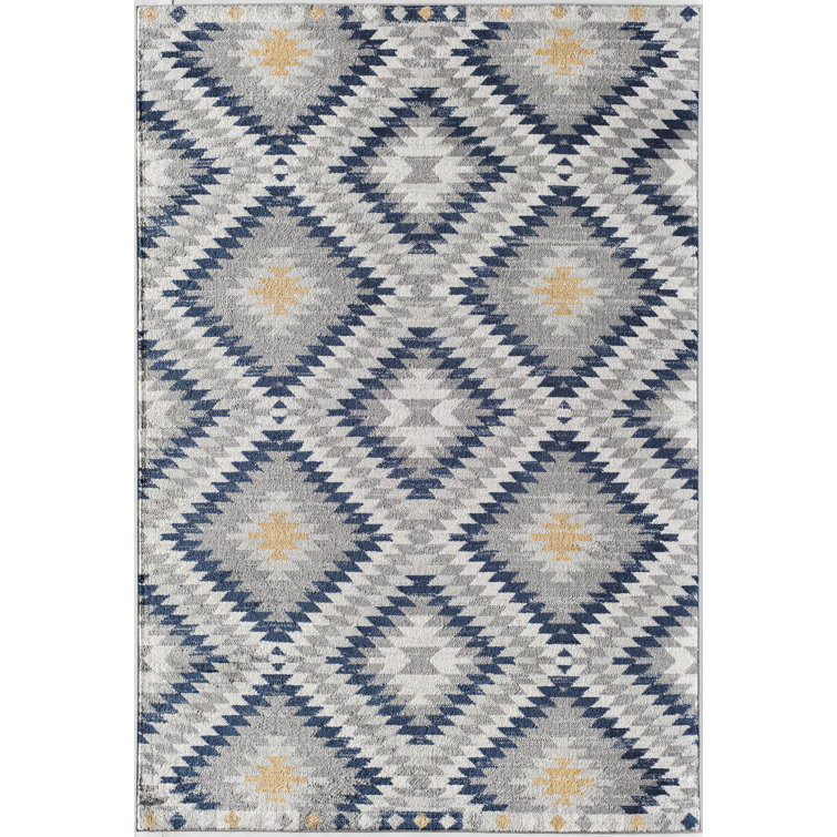 Sunset Gray and Blue Synthetic Tribal Rectangular Area Rug