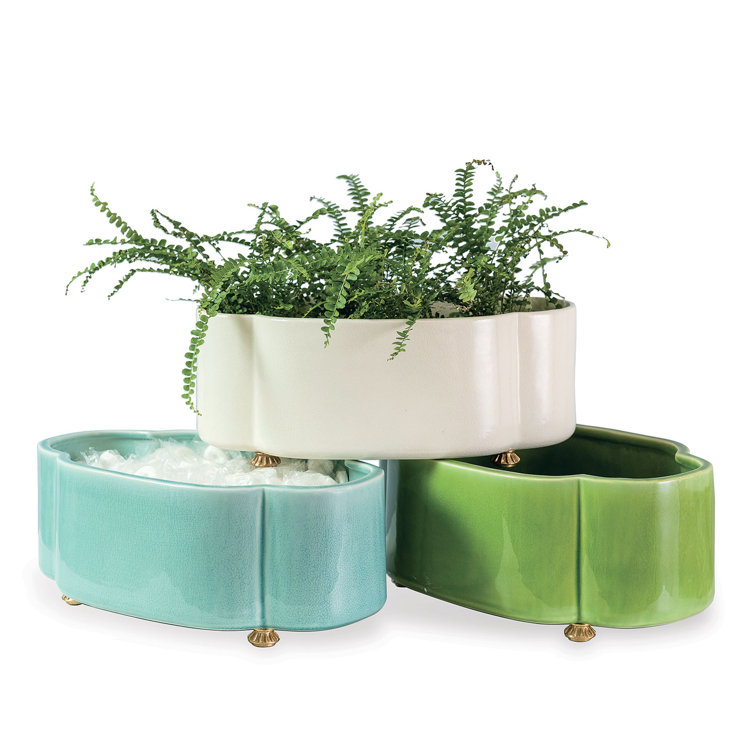 Green Oval Ceramic Planter with Brass Feet