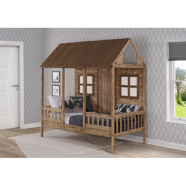 Twin Rustic Driftwood Pine Wood Low Loft Bed with Headboard