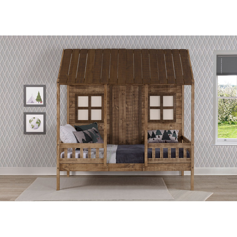 Twin Rustic Driftwood Pine Wood Low Loft Bed with Headboard