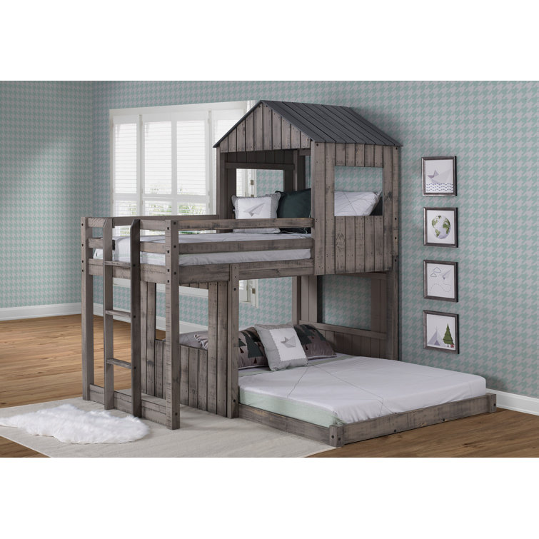 Rustic Gray Pinewood Twin Over Full Loft Bunk Bed with Drawers