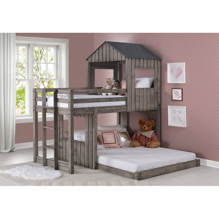 Rustic Gray Pinewood Twin Over Full Loft Bunk Bed with Drawers