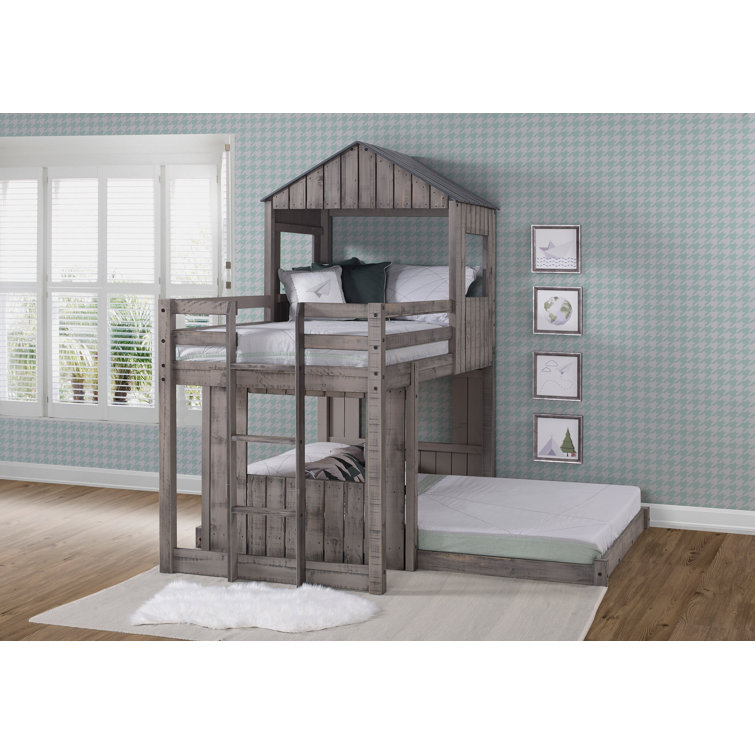 Rustic Gray Pinewood Twin Over Full Loft Bunk Bed with Drawers