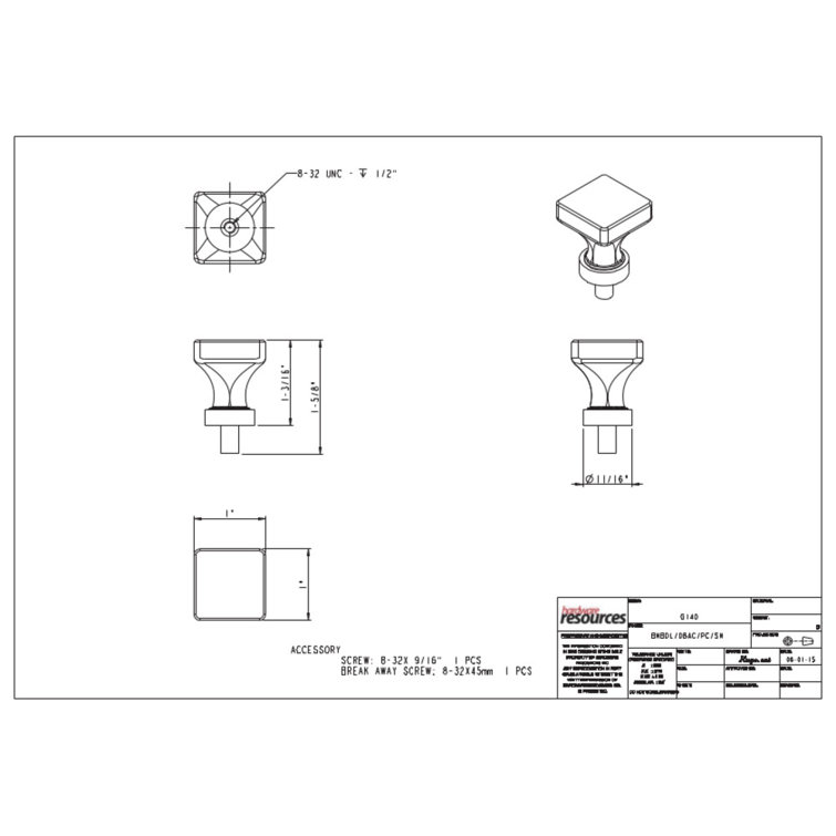 Polished Chrome Square Glass Cabinet Knob with Mounting Hardware