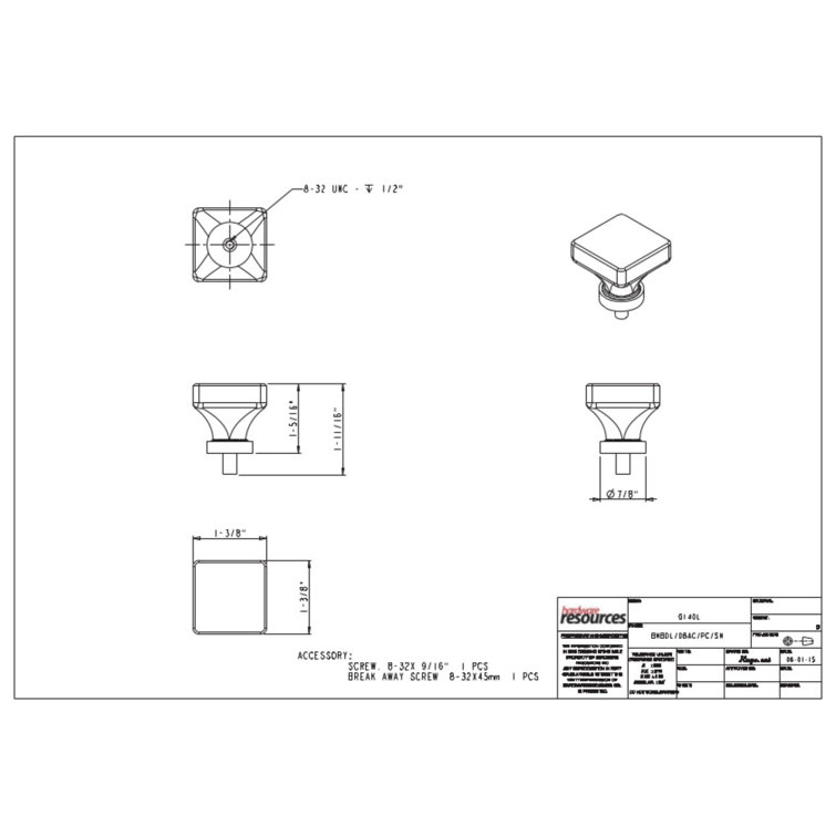 Polished Chrome Square Glass Cabinet Knob with Mounting Hardware