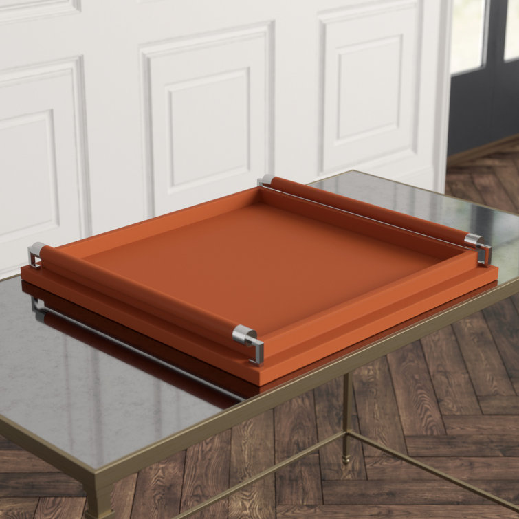 Large Coral Leather Wrapped Handle Sophisticated Tray