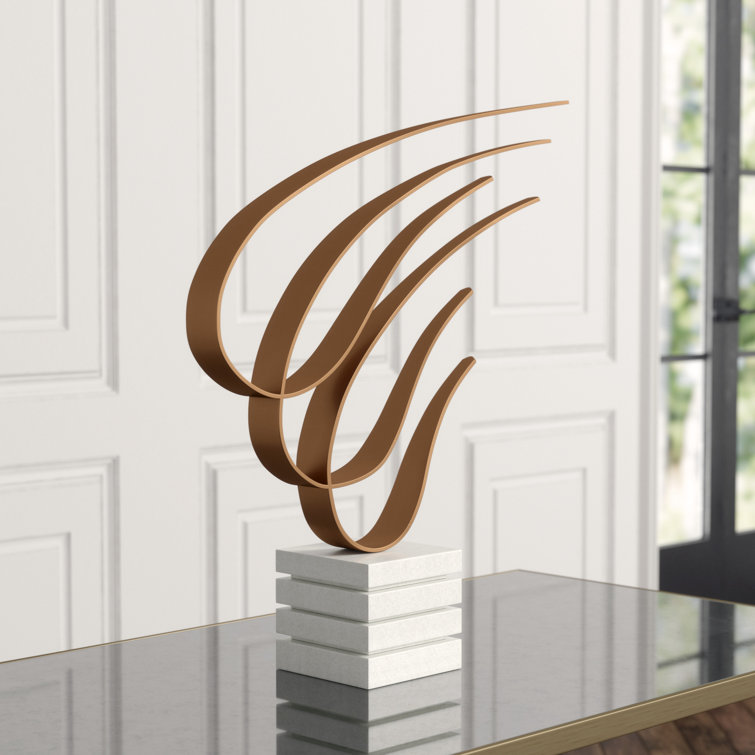 Gold Metal Swoosh Sculpture with Marble Base