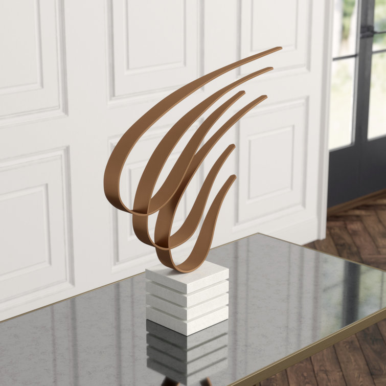 Gold Metal Swoosh Sculpture with Marble Base