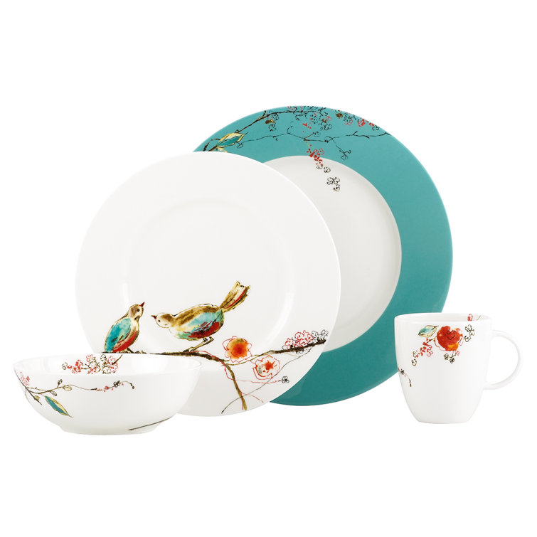 Chirp 4 Piece Bone China Place Setting with Teal Accents