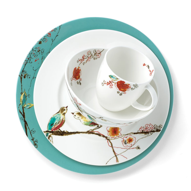 Chirp 4 Piece Bone China Place Setting with Teal Accents