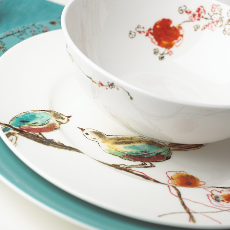 Chirp 4 Piece Bone China Place Setting with Teal Accents