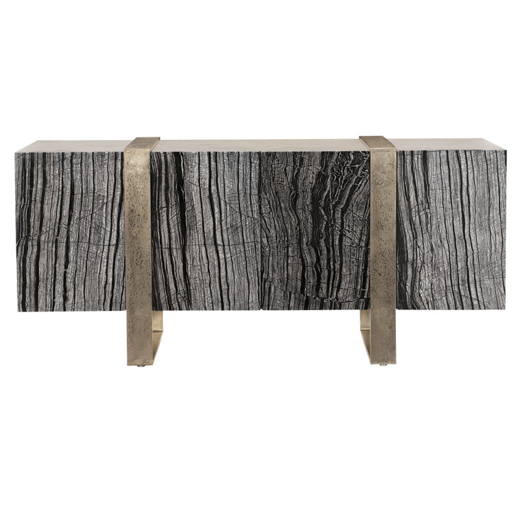Beige and Black Oak Media Console with Marble Doors