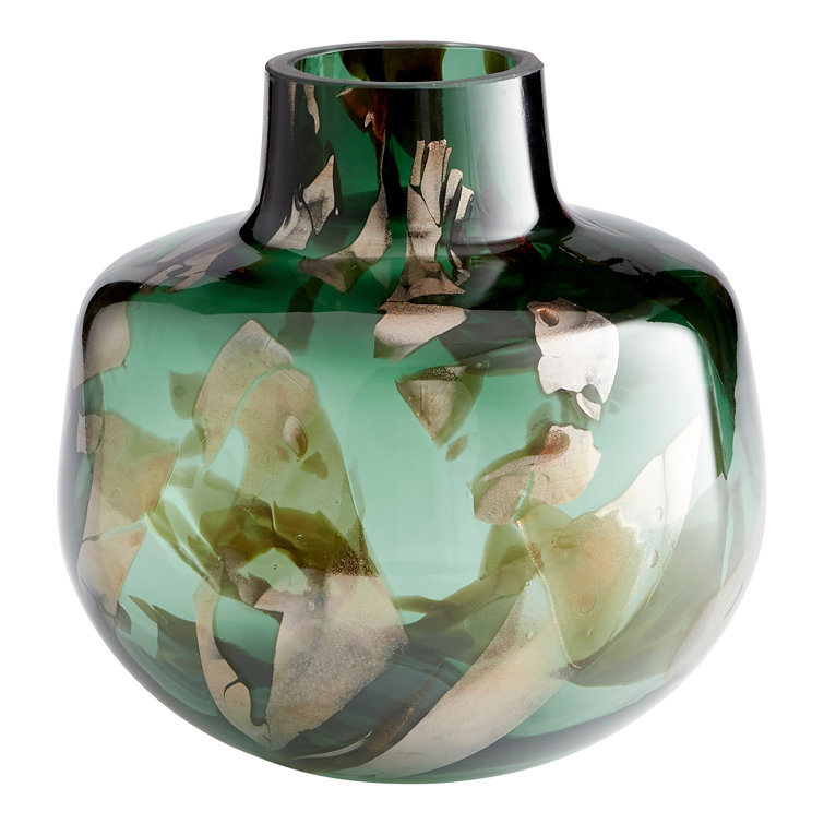 Green and Gold Glass Table Vase with Abstract Design