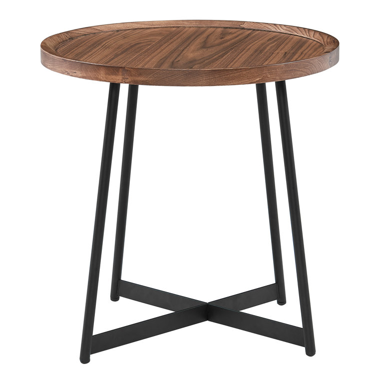 Niklaus 23" Round Walnut Veneer Side Table with X-Shaped Steel Base