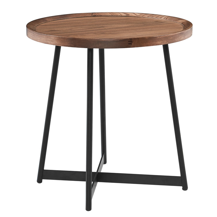 Niklaus 23" Round Walnut Veneer Side Table with X-Shaped Steel Base