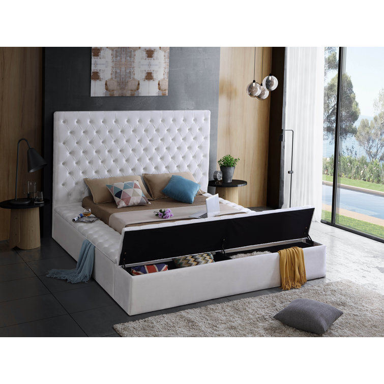 Bliss White Velvet Queen Upholstered Storage Bed with Tufted Headboard