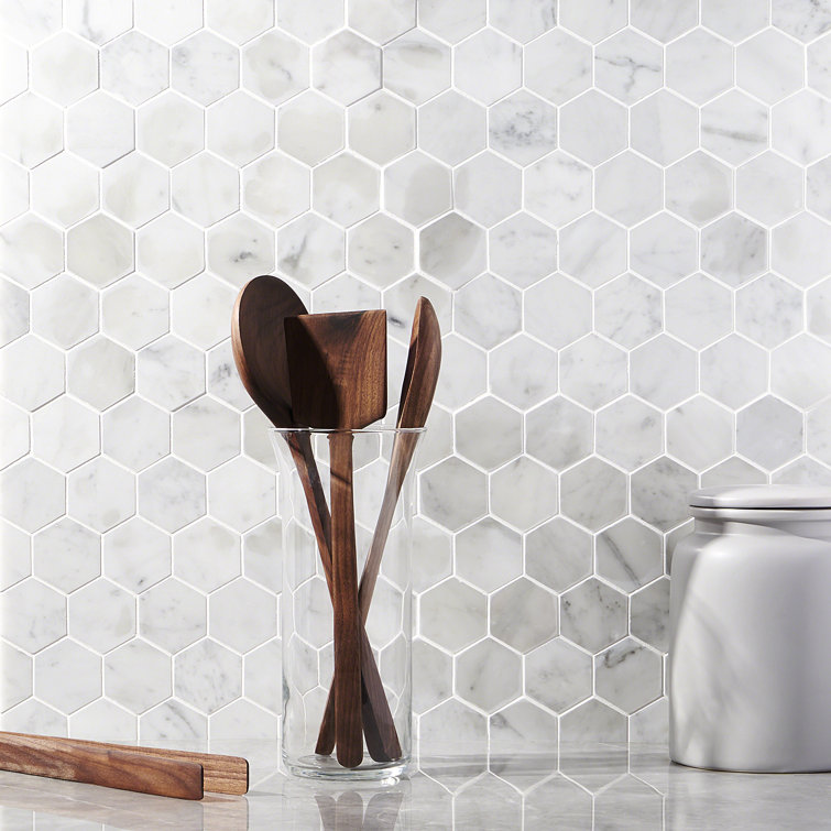 White Carrara 2" Hexagon Polished Marble Mosaic Tile