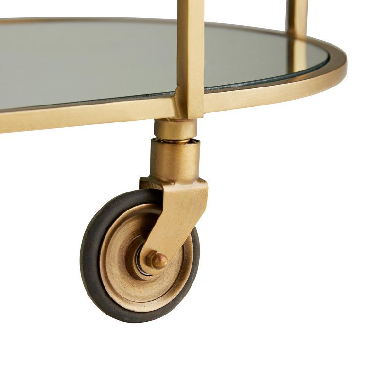 Antique Brass Oval Marble and Glass Bar Cart with Storage
