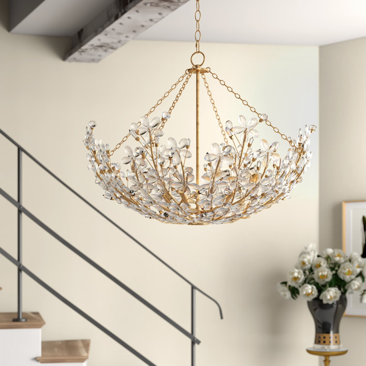 Elegant Gold Leaf 27.5" Chandelier with Crystal Accents