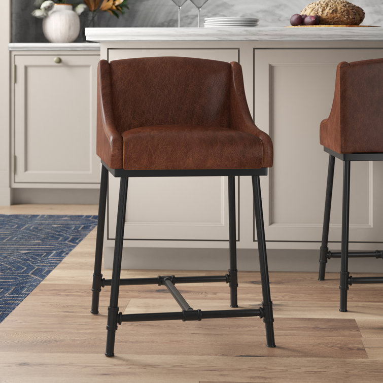 Transitional Brown Leather 19" Iron Pipe Counter Stool
