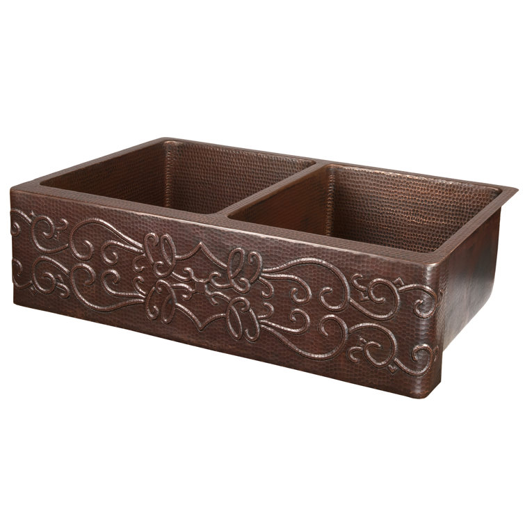 33" Hammered Copper Farmhouse Double Basin Kitchen Sink with Scroll Design