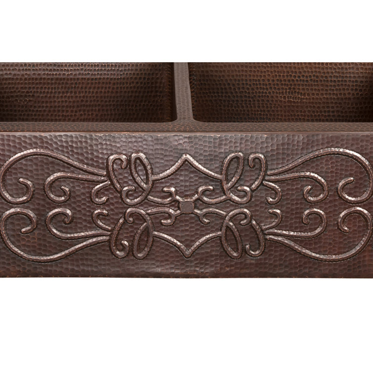 33" Hammered Copper Farmhouse Double Basin Kitchen Sink with Scroll Design