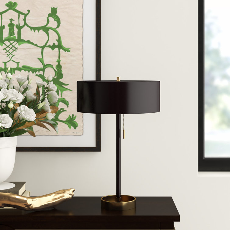 Matte Black and Brass 23" Table Lamp with Drum Shade