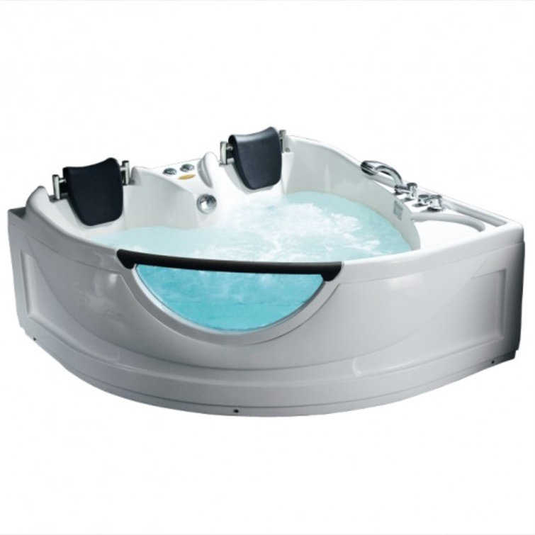 60'' White Acrylic Corner Whirlpool Bathtub with Glass Panel