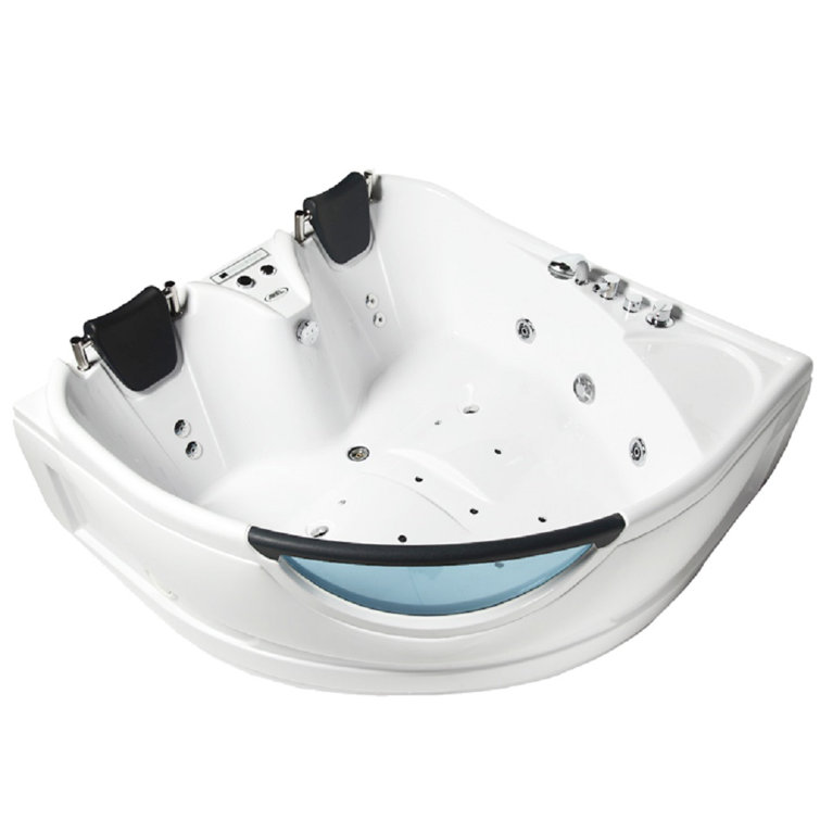 60'' White Acrylic Corner Whirlpool Bathtub with Glass Panel